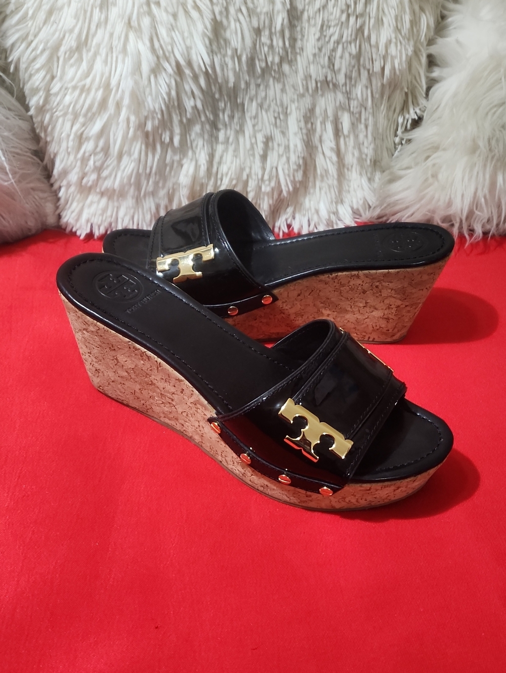 Tory Burch Pamela Black Patent Cork Wedge Slide Sandals with Gold Logo